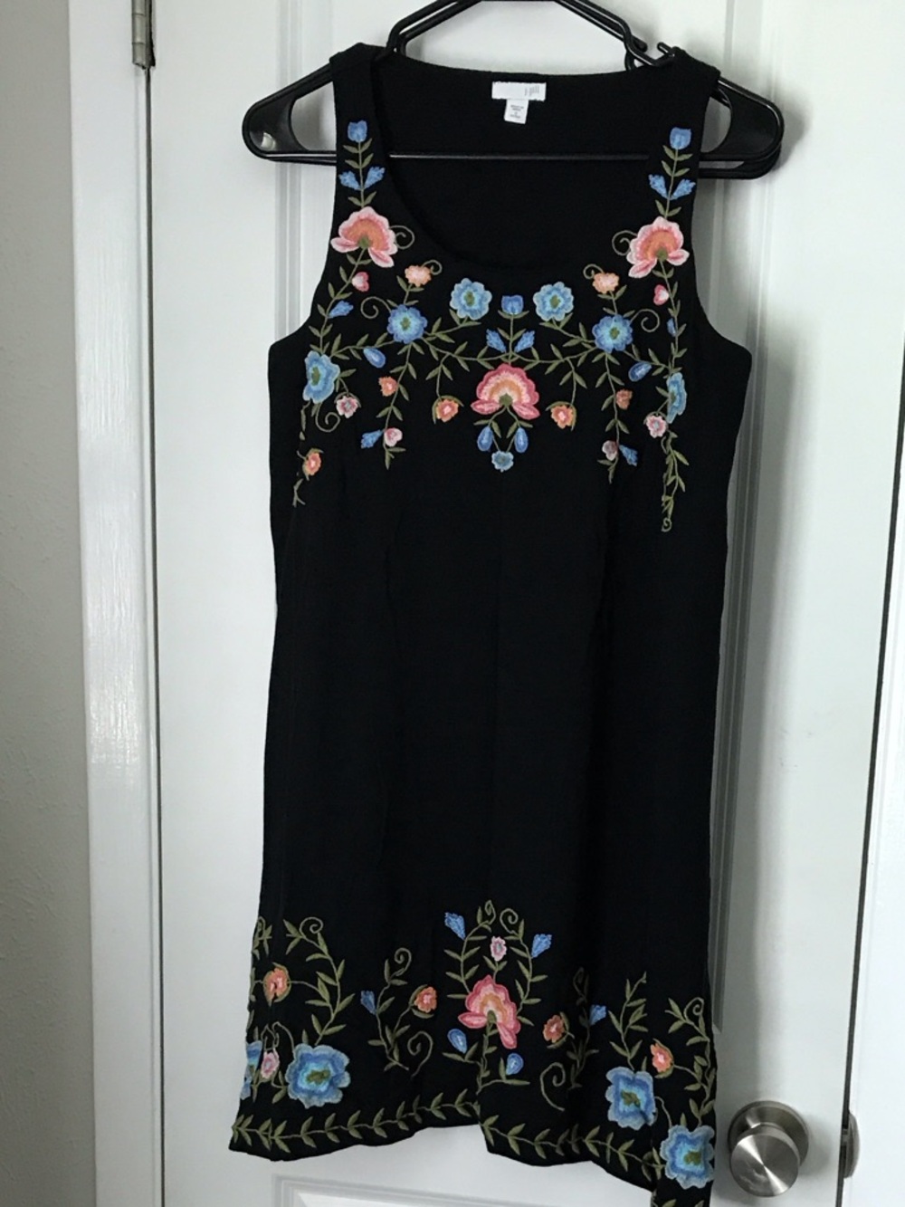 J. Jill Black Sleeveless Midi Dress with Pink and Blue Floral Embroidery